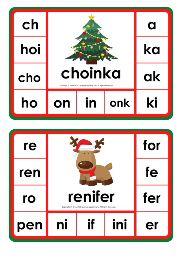 Klamerkowe pomoce - sylaby - Boże Narodzenie (litery pisane)