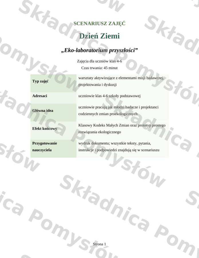 DZIEŃ ZIEMI – scenariusz zajęć - klasy 4-6; edytowalny; pomysł na zajęcia; konspekt; lekcja wychowawcza