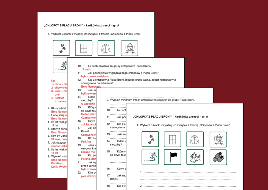 CHŁOPCY Z PLACU BRONI – egzamin - lektury - sprawdzian – kartkówka- 2 grupy + odpowiedzi