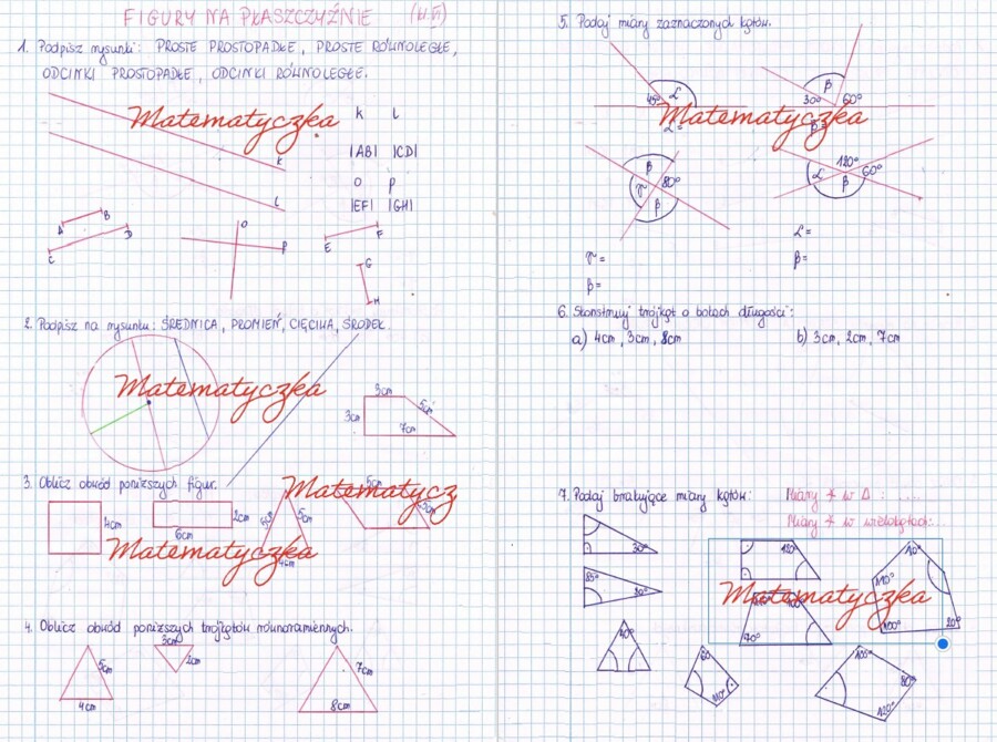 Figury na płaszczyźnie - karty pracy, kartkówka, kl. 6