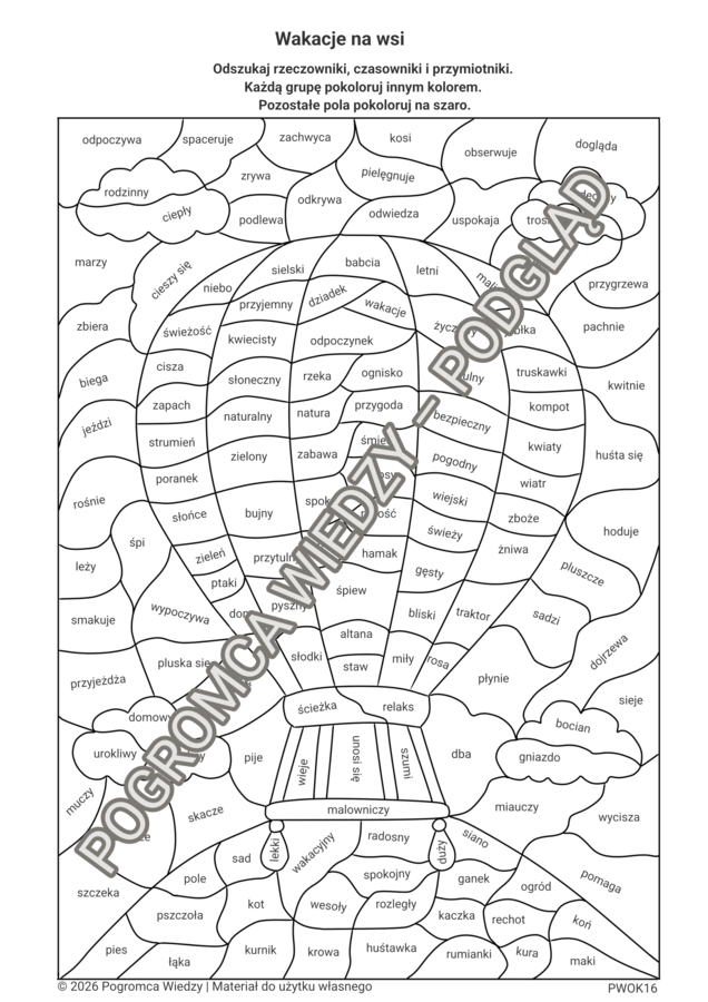 Wakacyjne części mowy - zestaw kart pracy + klucz odpowiedzi