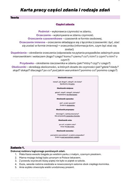 Karta pracy - części zdania, rodzaje zdań