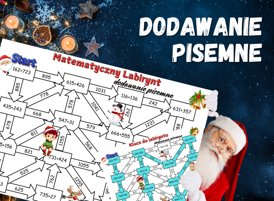 MATEMATYCZNY LABIRYNT - dodawanie pisemne, klasa 4, 5, 6 Boże Narodzenie, Święta, Mikołajki, zima