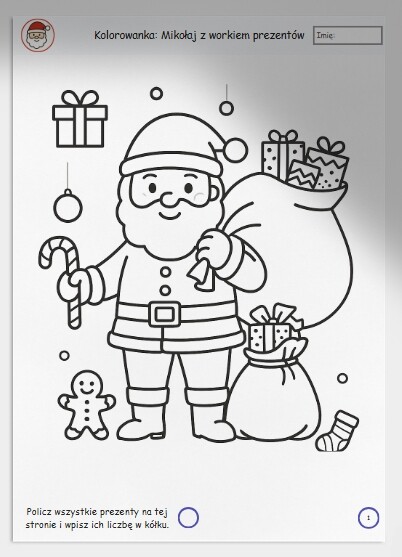 Kolorowanki świąteczne – upominki, Mikołaj, renifery