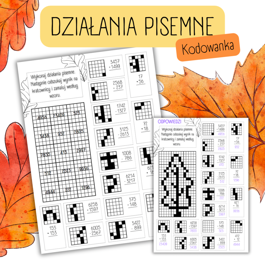 DZIAŁANIA PISEMNE - dodawanie, odejmowanie, mnożenie - KODOWANKA