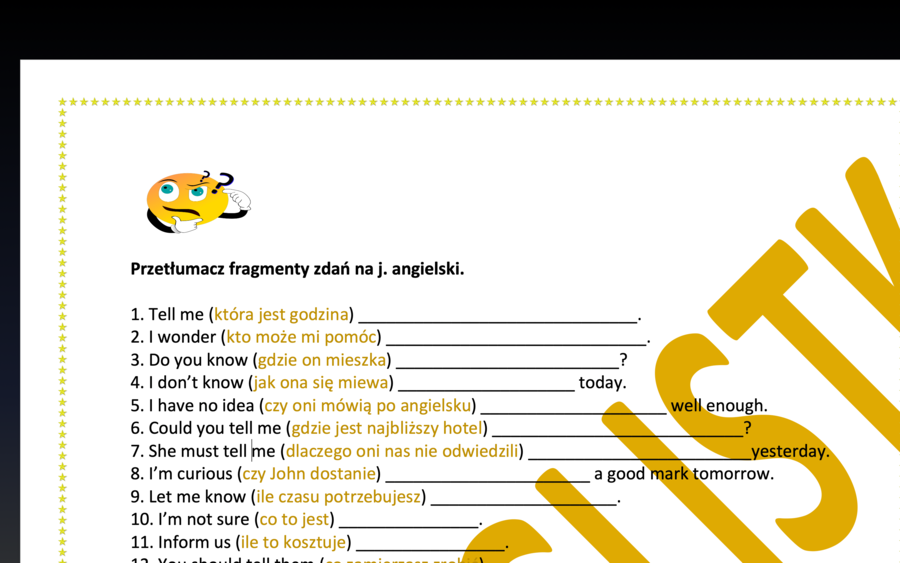 Pytania pośrednie - tłumaczenie fragmentów zdań + KLUCZ egzamin ósmoklasisty