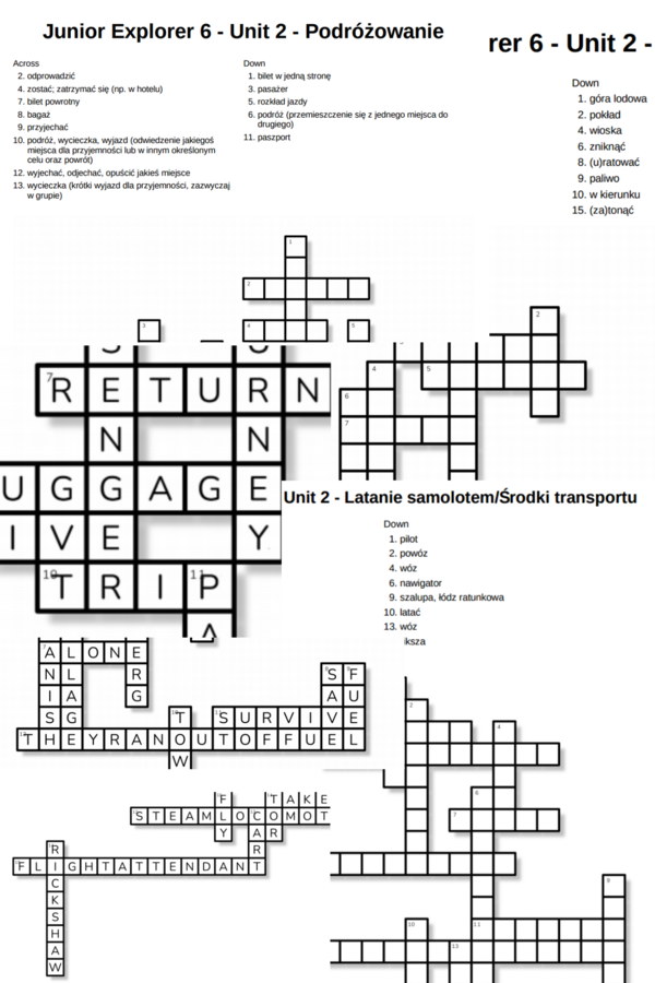 Junior Explorer 6 – Unit 2 – krzyżówki – Podróżowanie/Latanie samolotem_Środki transportu/Inne słówka