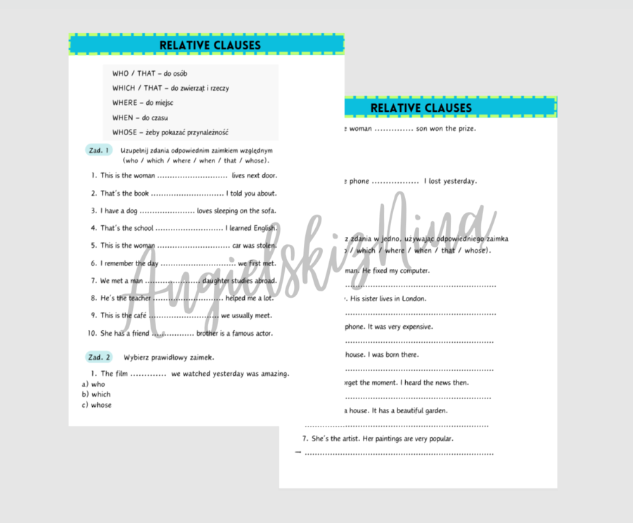 Relative Clauses - Who / Which / That / Whose / When / Where - karta pracy - ćwiczenia - zadania - angielski - matura