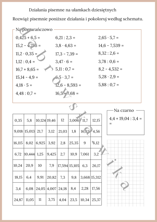 Działania pisemne na ułamkach dziesiętnych - kodowanie