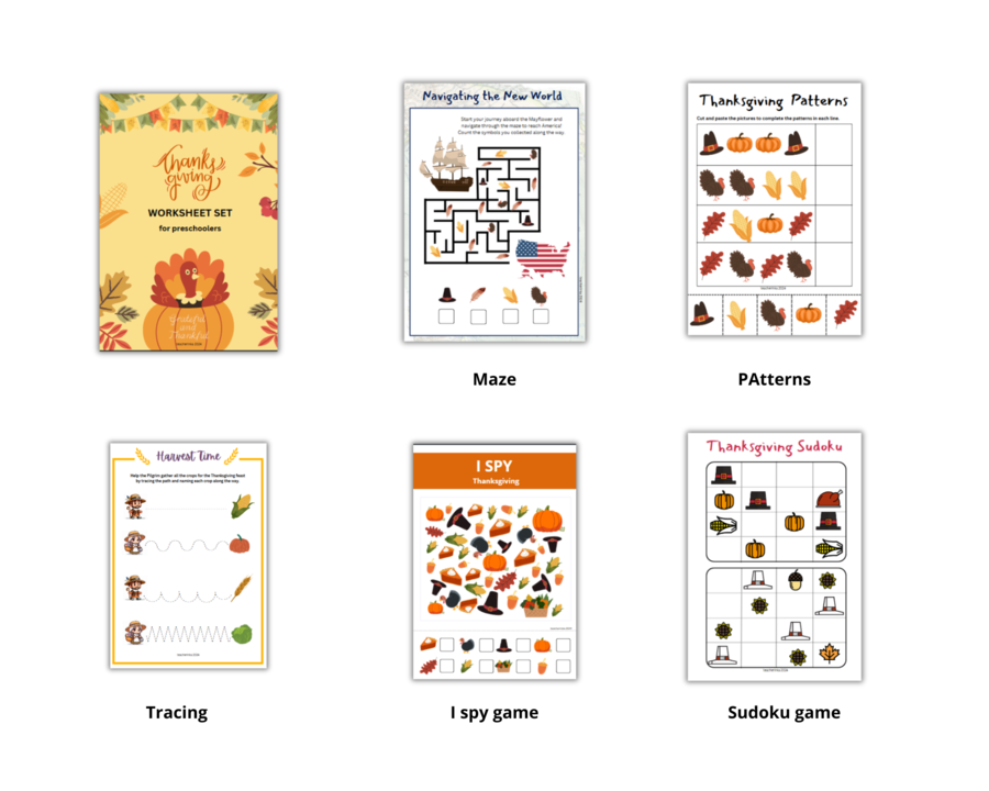 Thanksgiving - zestaw karty pracy plus karty obrazkowe z okazji dnia dziękczynienia dla przedszkolaka, język angielki