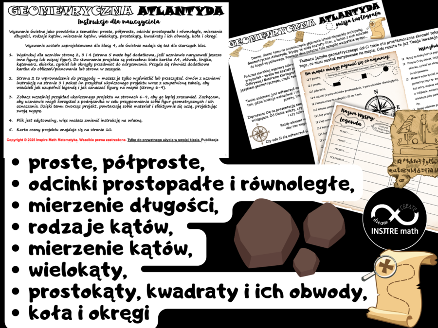 Geometryczna Atlantyda (proste, półproste, odcinki prostopadłe i równoległe, mierzenie długości, rodzaje kątów, mierzenie kątów, wielokąty, prostokąty, kwadraty i ich obwody, koła i okręgi). Projekt Math & Art.