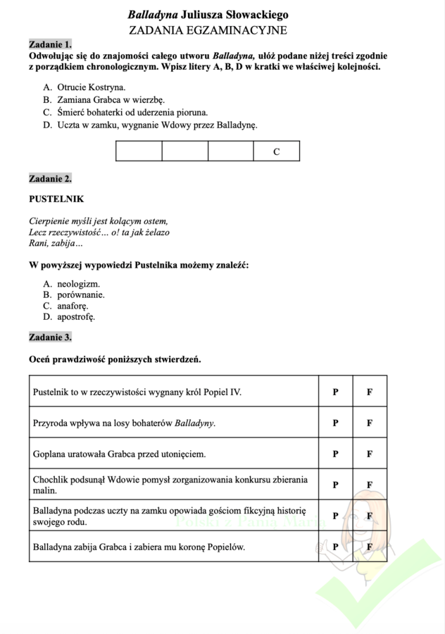 "Balladyna" zadania egzaminacyjne