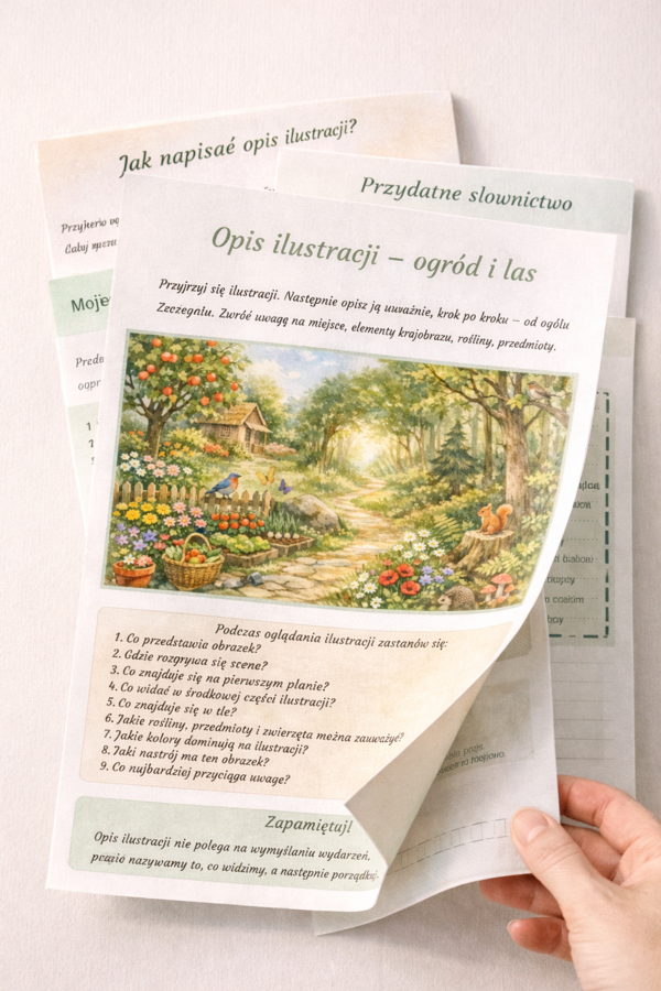 Opis ilustracji - ogród i las [Karta pracy]