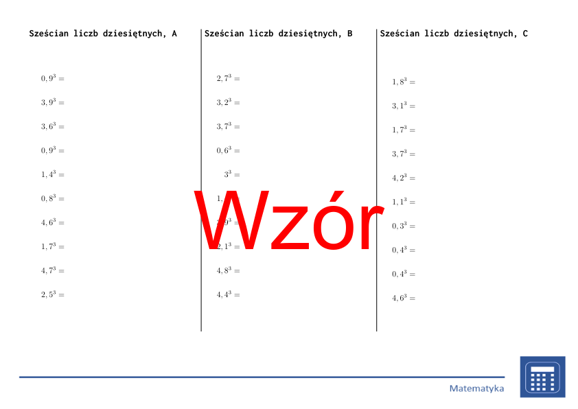 Sześcian liczb dziesiętnych | matematyka | 26 kolumn