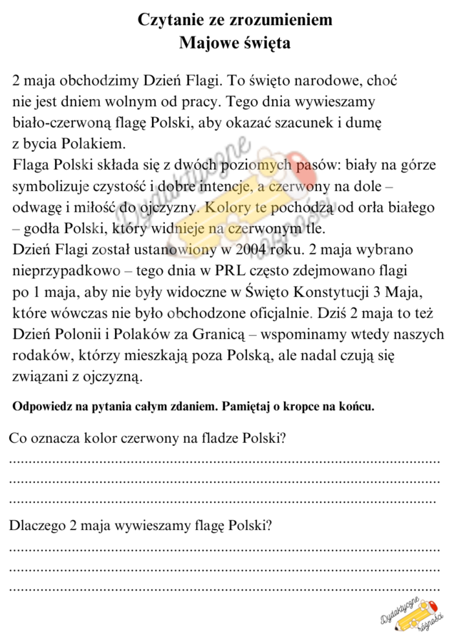 Majowe święta - Święto Pracy, Dzień Flagi, Konstytucja 3 Maja - 3 teksty doskonalące czytanie ze zrozumieniem KLASA 4-6