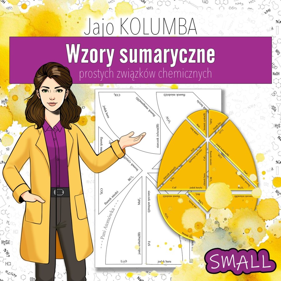 Chemia. Klasa 7. Wzory i nazwy prostych związków chemicznych. Jajo Kolumba. Układanka. Tangram. Puzzle. Karta pracy. Zadanie. Zagadka. Wielkanocna/wiosenna karta pracy.