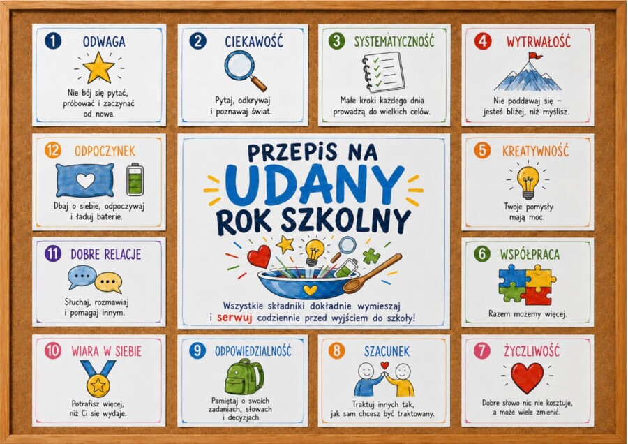 PRZEPIS NA UDANY ROK SZKOLNY - (zestaw materiałów, gazetka motywująca)