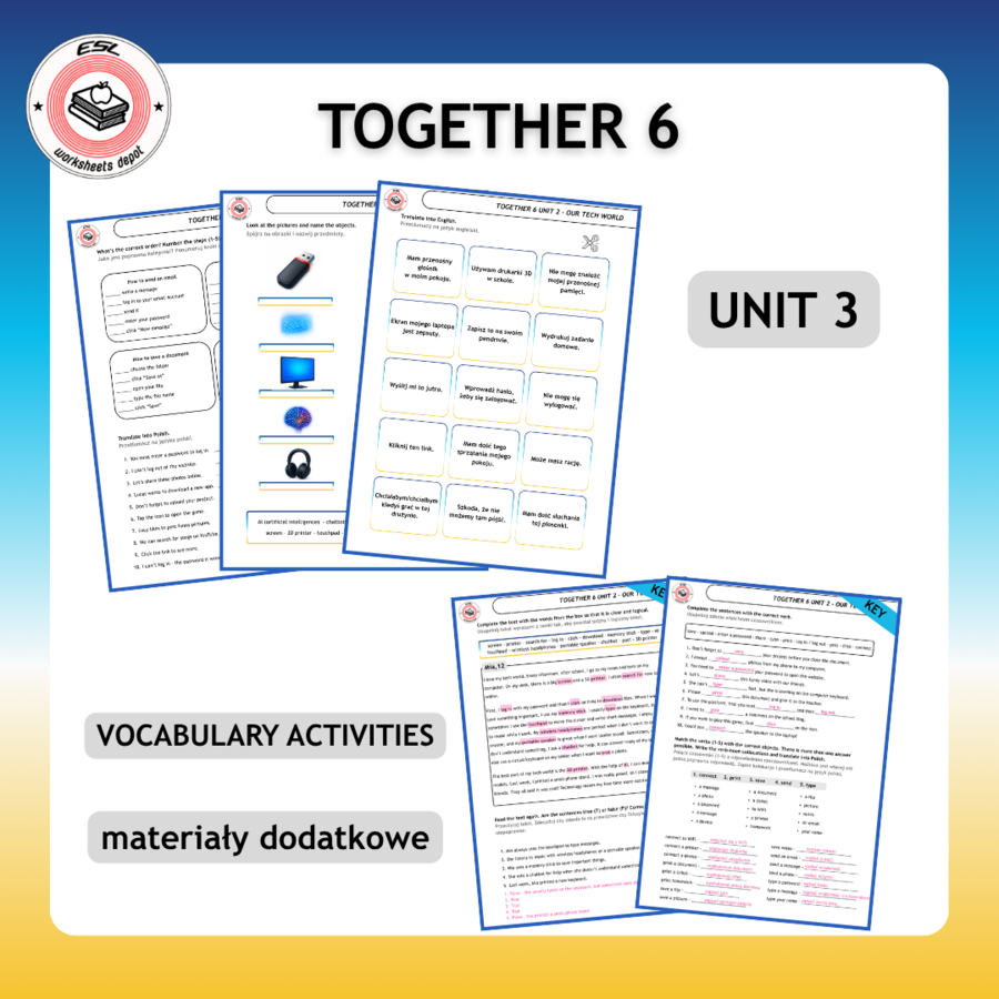 Together 6 Unit 3 zestaw: Vocabulary Activities + Grammar Activities + Speaking Activities + Board Game + Test i kartkówki do działu
