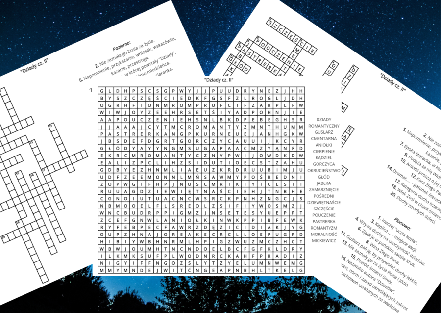 "DZIADY CZ. II" – krzyżówka, wykreślanka – lektury obowiązkowe kl.7-8
