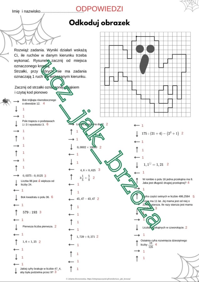 Halloween na matematyce, zadania różne, kodowanie, karta pracy, klasy 6 - 8