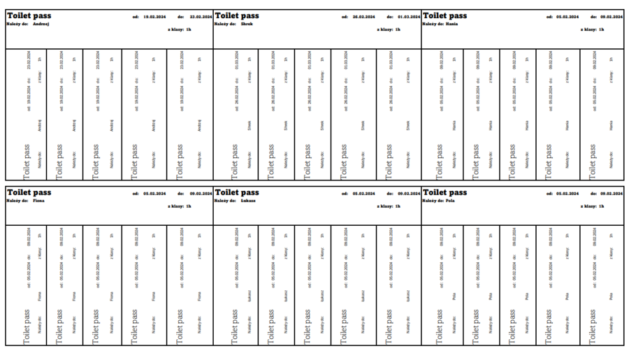 (Przepustki do toalety)(Toilet pass)(dla uczniów w trakcie zajęć)(Wyjściówki do WC)