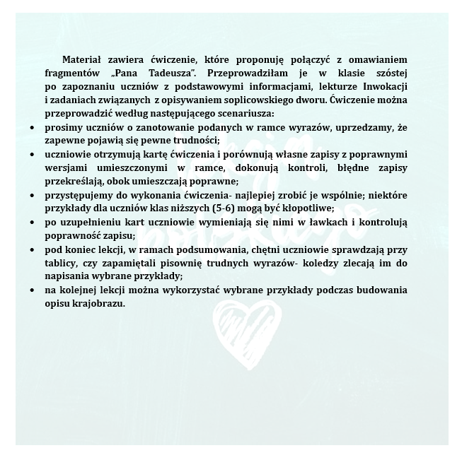 Z "PANEM TADEUSZEM" ĆWICZYMY ORTOGRAFIĘ- PISOWNIA TRUDNYCH PRZYIMKÓW I WYRAŻEŃ PRZYIMKOWYCH