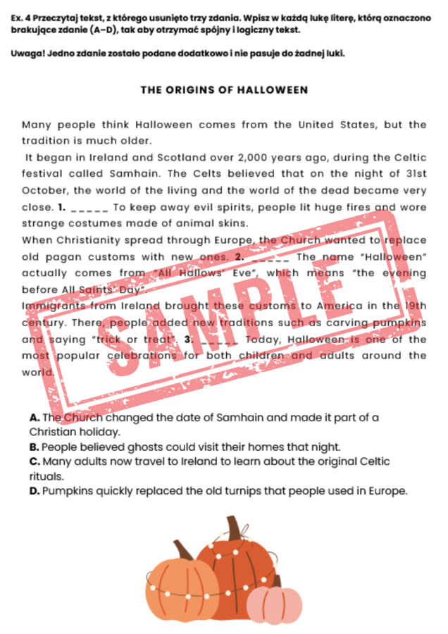 Egzamin Ósmoklasisty – HALLOWEEN | Zestaw zadań egzaminacyjnych z języka angielskiego (reakcje językowe, uzupełnianie dialogów, czytanie ze zrozumieniem, tłumaczenia, e-mail)