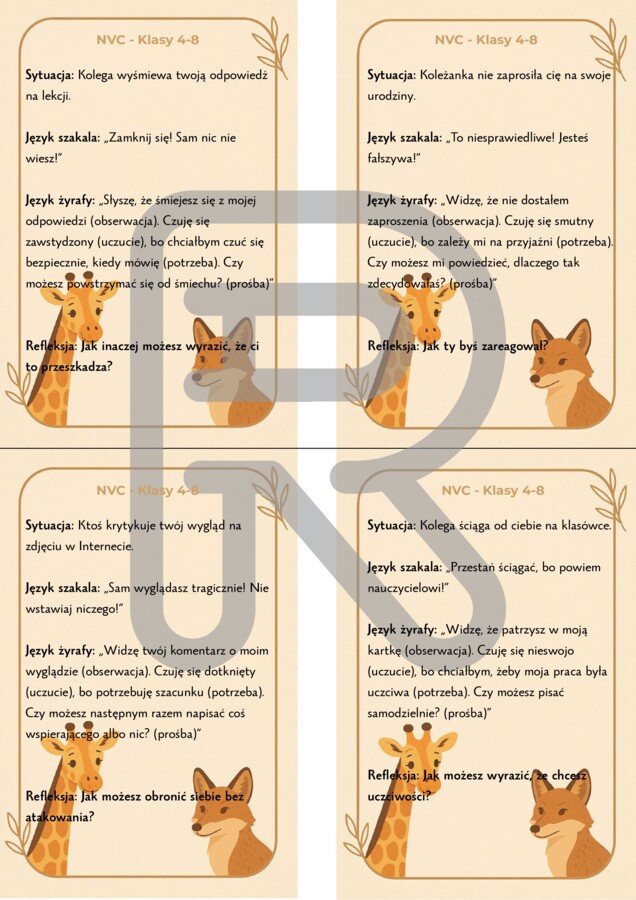 Pakiet Kart edukacyjno-terapeutycznych NVC „Język Żyrafy” – klasy 4–8 oraz 1-3 oraz plakaty Porozumienie bez przemocy DZIEN EMPATII, TUS, ZAJĘCIA ROZWIJAJĄCE KOMPETENCJE EMOCJONALNO- SPOŁECZNE, PEDAGOG, PSYCHOLOG, PROFILAKTYKA PRZEMOCY RÓWIEŚNICZEJ