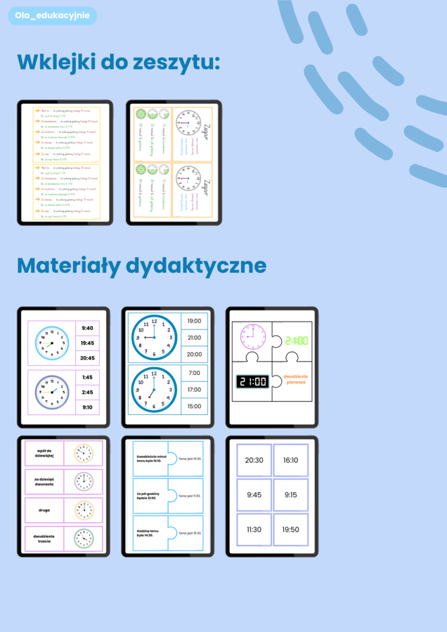 🕒 ZEGAR – odczytywanie godzin | karty pracy, wklejki i gry dydaktyczne | aż 65 stron!