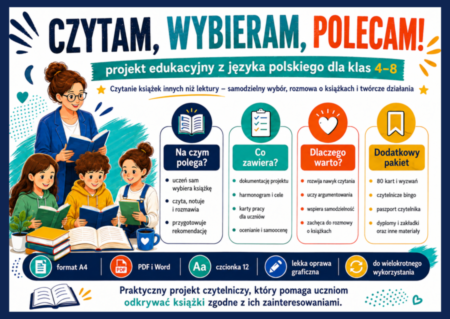 🌺 CZYTAM, WYBIERAM, POLECAM! Projekt czytelniczy z pakietem 80 kart i wyzwań dla klas 4–8 - język polski - biblioteka