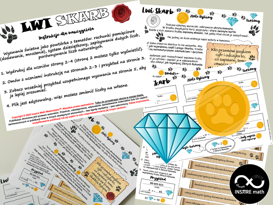 Matematyczne wyzwanie Lwi Skarb - dziesiątkowy system pozycyjny, system dziesiątkowy, duże liczby, rachunki pamięciowe, porównywanie liczb naturalnych.