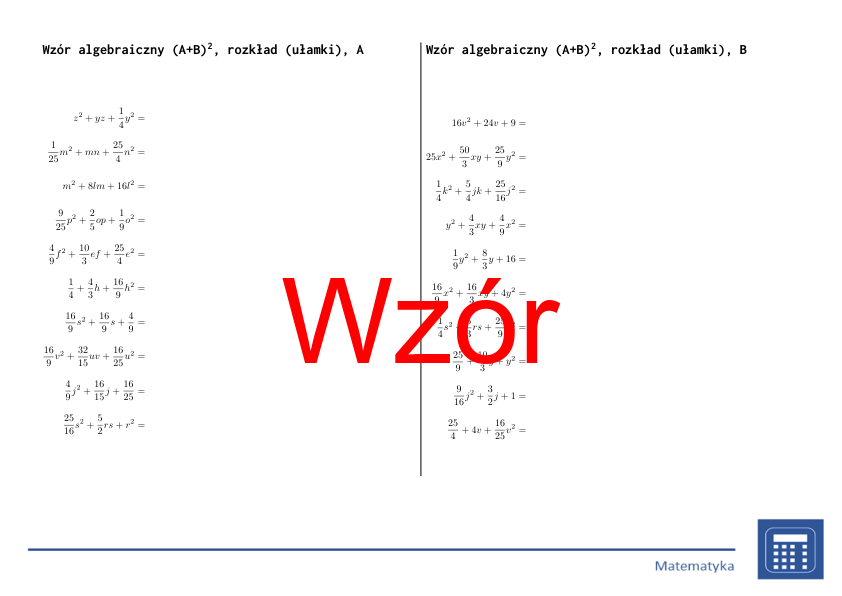 Wzór algebraiczny (A+B)^2, rozkład (ułamki) | matematyka, algebra | 26 kolumn