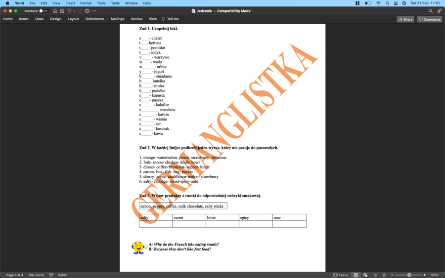 Jedzenie - ćwiczenia powtórzeniowe dla ósmoklasistów i nie tylko