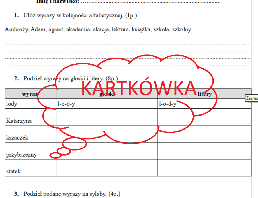 Kartkówka litery, głoski, sylaby