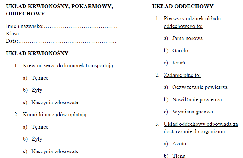 Układ krwionośny, oddechowy, pokarmowy