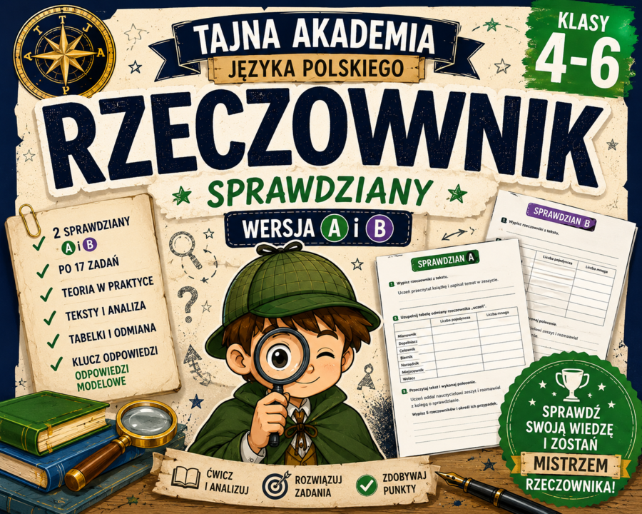 Sprawdziany z rzeczownika dla klas 4–6 – wersja A i B + odpowiedzi modelowe.