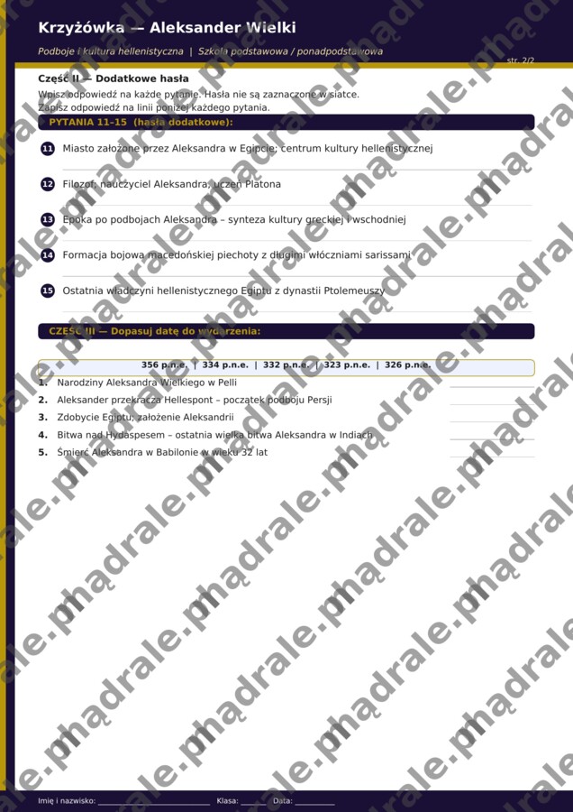 KRZYŻÓWKA "ALEKSANDER WIELKI" KARTA PRACY + KLUCZ ODPOWIEDZI