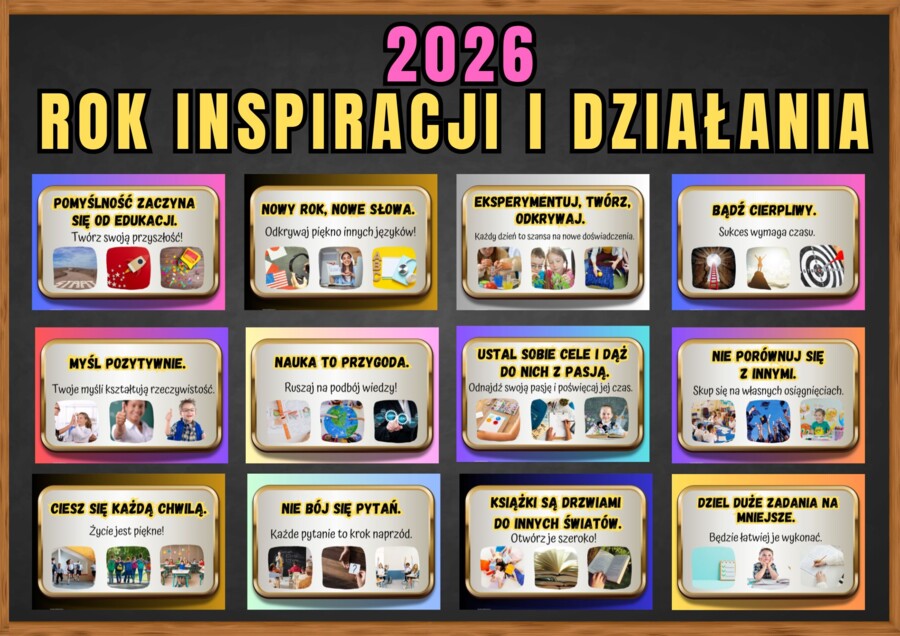 2026 - ROK INSPIRACJI I DZIAŁANIA - gazetka motywacyjna dla uczniów - 25 haseł motywacyjnych