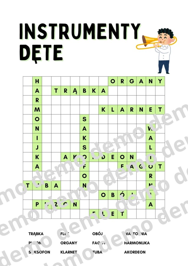 Muzyka, klasa 4-5. Instrumenty dęte. Karta pracy: wykreślanka.