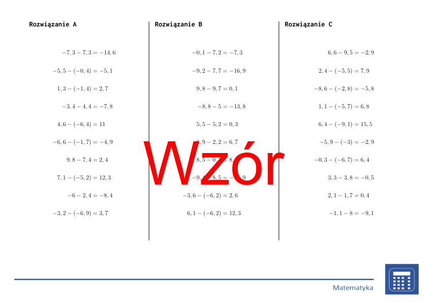 Odejmowanie liczb dziesiętnych dodatnich i ujemnych | matematyka | 26 kolumn