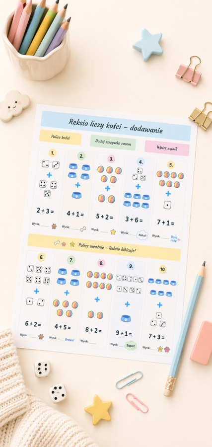 Reksio liczy kości – karta matematyczna