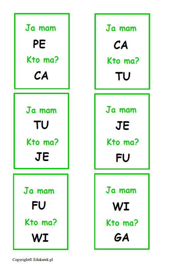 Zestaw kart typu kto ma, ja mam – nauka czytania