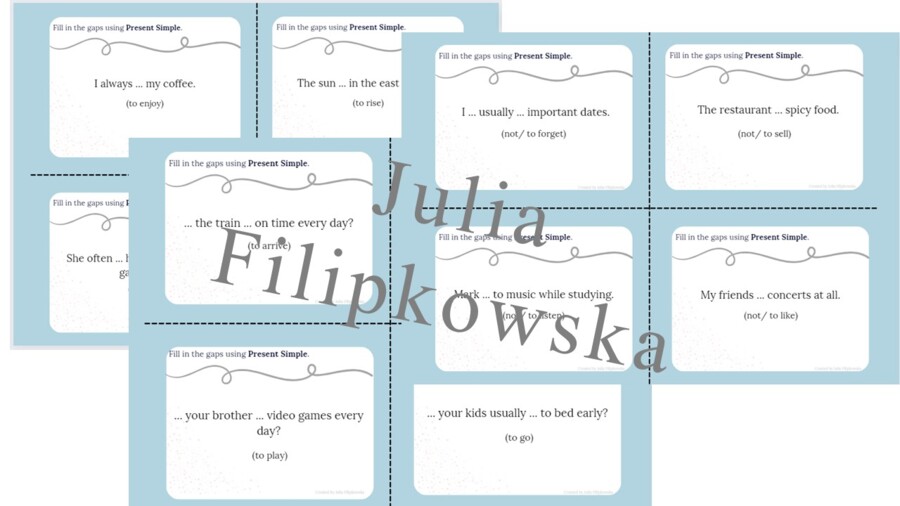 Present Simple/ Karty do mówienia/ Mówienie/ Speaking/ Zestaw/ Pakiet/ Konwersacje/ Klasy 4-8/ Klasy 4-6/ Klasy 6-8/ SP/ Warm-up/ Rozgrzewka/ Speaking cards/ Gramatyka/ Grammar/ Speaking cards grammar/ Grammar cards/ E8