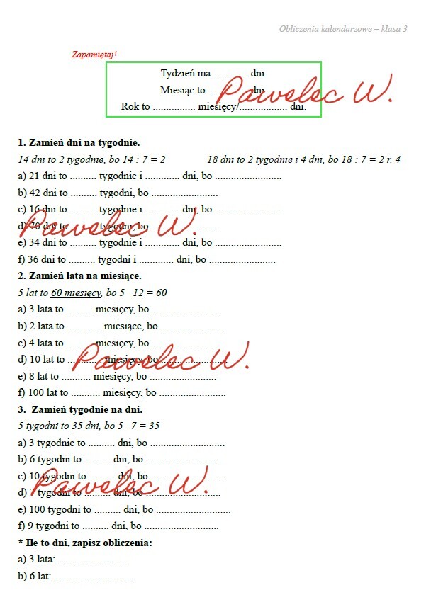 OBLICZENIA KALENDARZOWE: dni, tygodnie, miesiące i lata - zadania z wyjaśnieniem, karty pracy - kl. 3