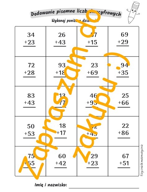 Dodawanie pisemne liczb dwucyfrowych z przekroczeniem i bez progu dziesiątkowego - karta pracy, kartkówka.
