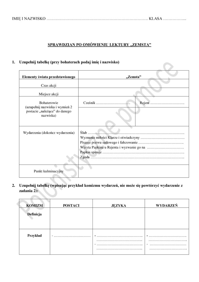 Sprawdzian po omówieniu lektury "Zemsta"