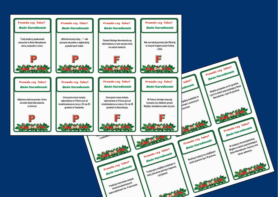 BOŻE NARODZENIE – 48 fiszek – fiszki – PRAWDA – FAŁSZ - biblioteka - świetlica + ODPOWIEDZI