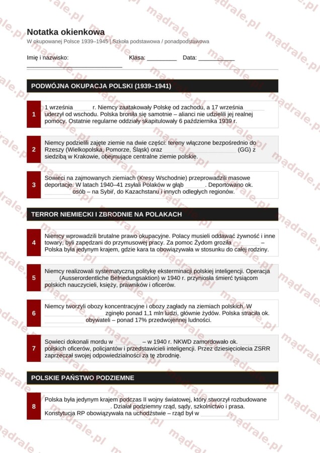 Notatka okienkowa „W okupowanej Polsce” + klucz odpowiedzi