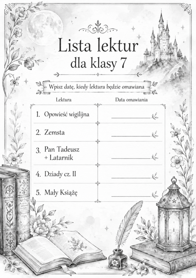 Lista lektur do klasy 7 (różne wersje) czarno-białe