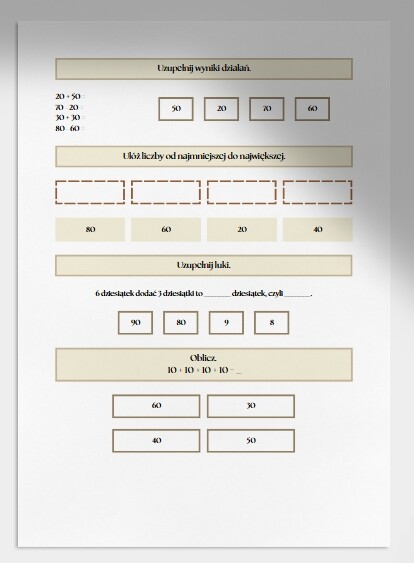 Dodawanie i odejmowanie dziesiątek. Karta pracy. Sprawdzian